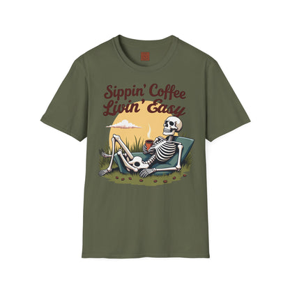 Sippin’ Coffee, Livin’ Easy | Chill Skeleton Coffee Tee