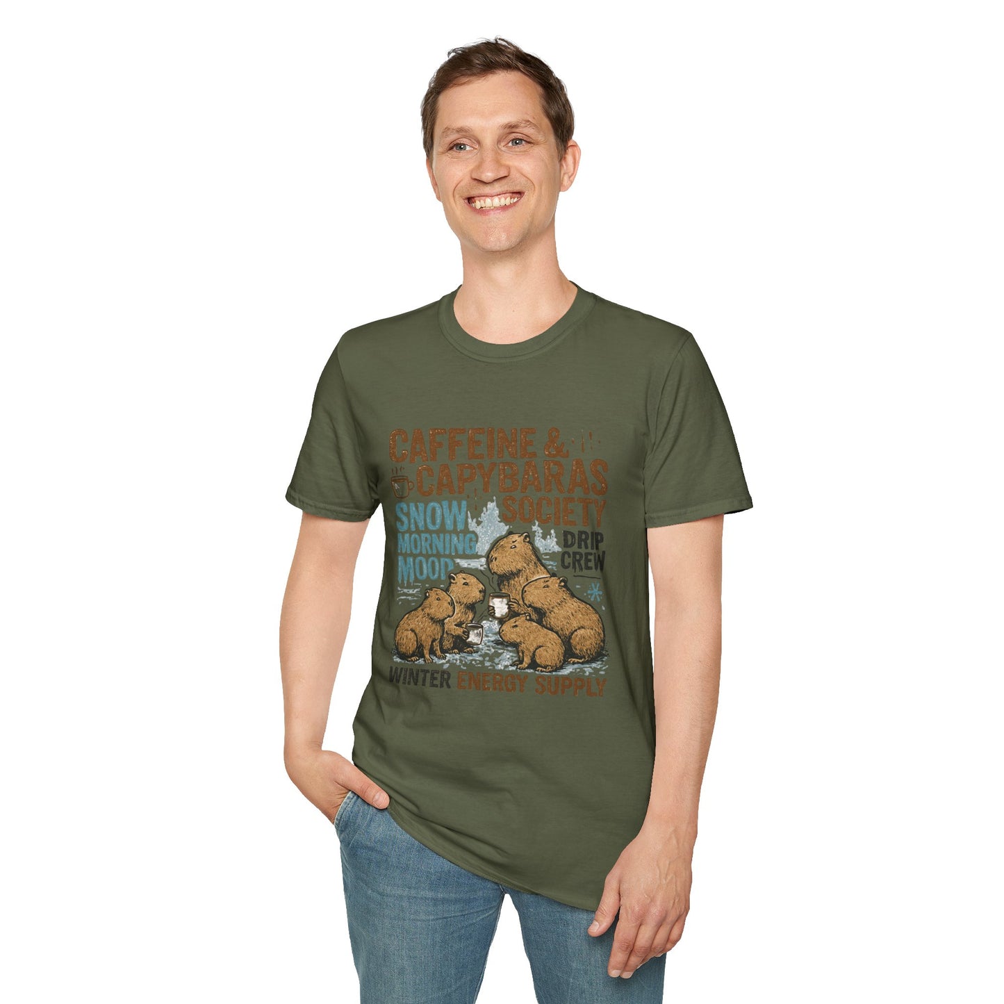 Caffeine & Capybaras Society | Funny Winter Coffee Lover Unisex T-Shirt